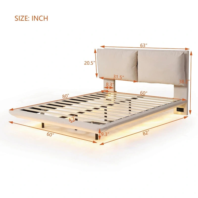 Queen Velvet Upholstered Floating Platform Bed with Motion Sensor Light & USB Ports