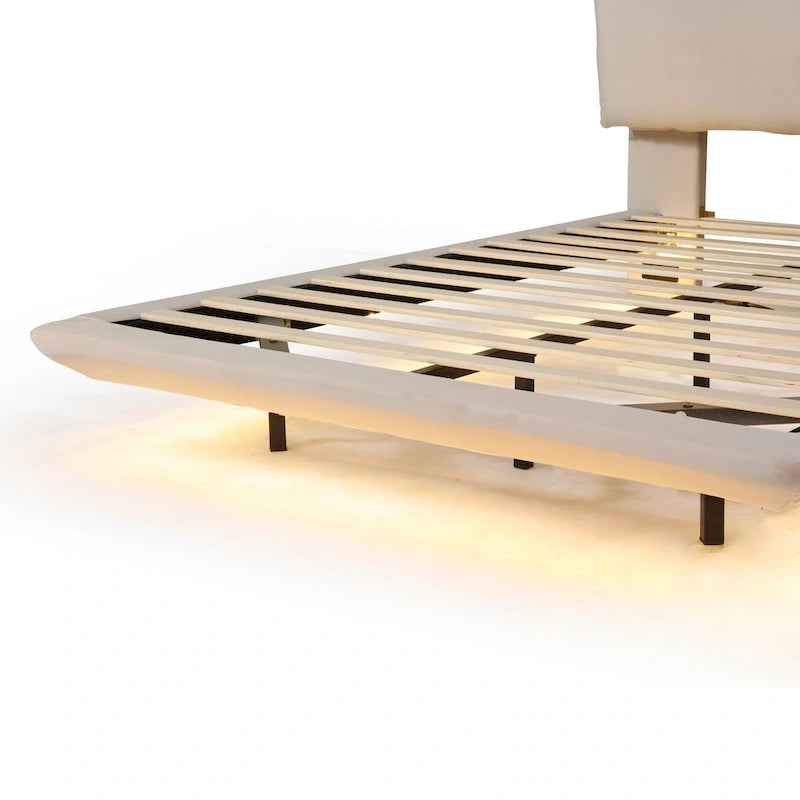 Queen Velvet Upholstered Floating Platform Bed with Motion Sensor Light & USB Ports