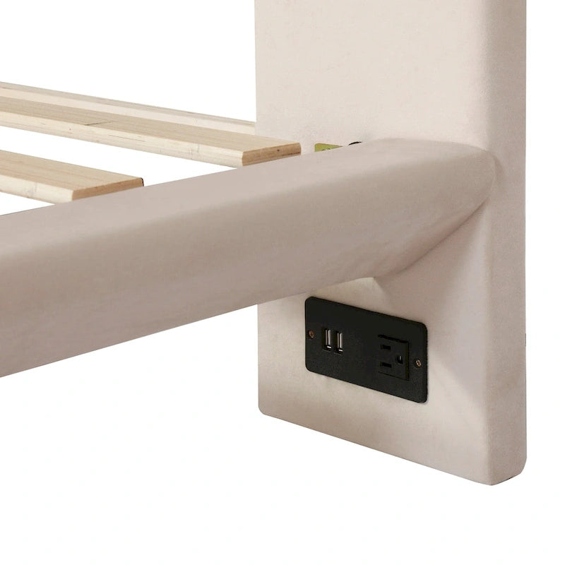Queen Velvet Upholstered Floating Platform Bed with Motion Sensor Light & USB Ports