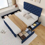 Full Bed Frame with 4 Storage Drawers and Headboard, Linen Upholstered Platform Bed Frame with Wooden Slats Support