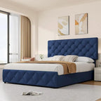 Full Bed Frame with 4 Storage Drawers and Headboard, Linen Upholstered Platform Bed Frame with Wooden Slats Support