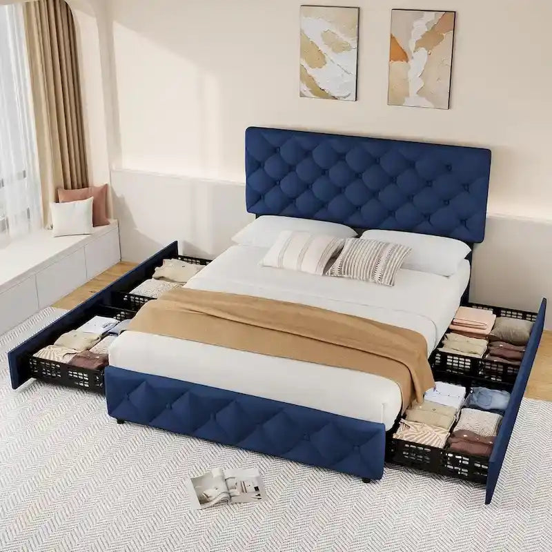 Full Bed Frame with 4 Storage Drawers and Headboard, Linen Upholstered Platform Bed Frame with Wooden Slats Support