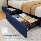 Full Bed Frame with 4 Storage Drawers and Headboard, Linen Upholstered Platform Bed Frame with Wooden Slats Support