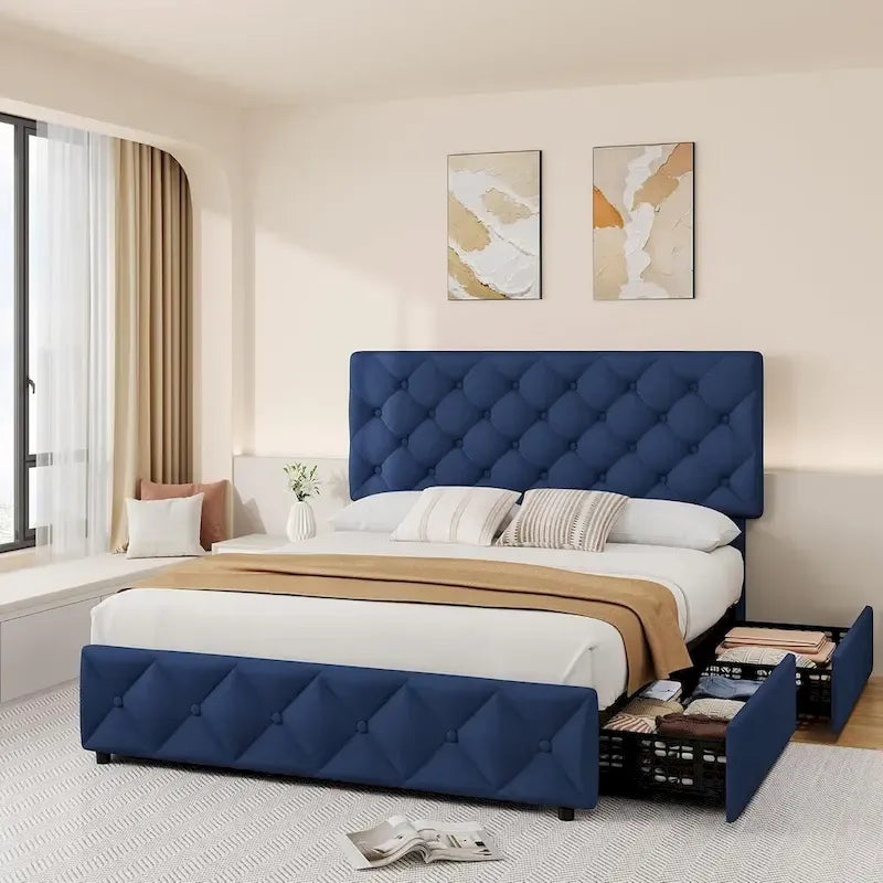 Full Bed Frame with 4 Storage Drawers and Headboard, Linen Upholstered Platform Bed Frame with Wooden Slats Support