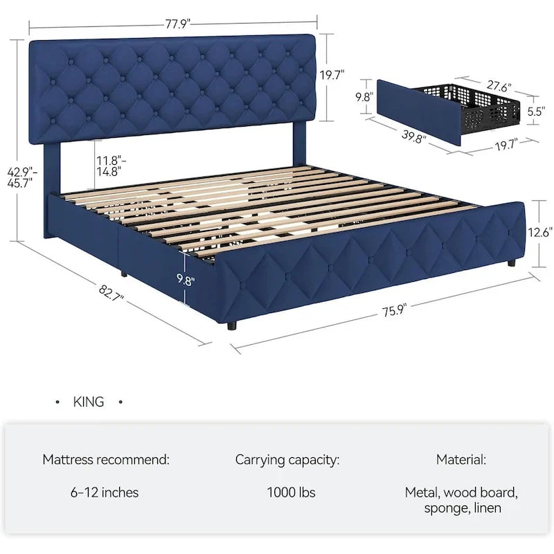 Full Bed Frame with 4 Storage Drawers and Headboard, Linen Upholstered Platform Bed Frame with Wooden Slats Support