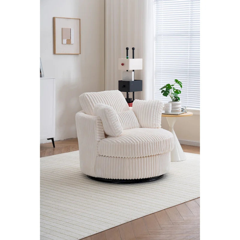 Oversized 360° Swivel Round Barrel Chair, Soft Plush Corduroy, 4 Pillows, 400 lb Capacity