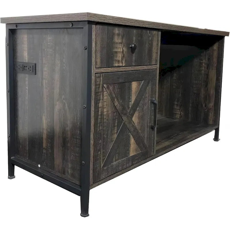 Farmhouse TV Stand for 80" TVs with LED Lights, Power Outlets & Vinyl Record Storage, Grey