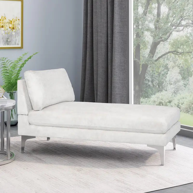 Contemporary Fabric Chaise Lounge, 66" Deep, Silver Bracket Legs & Plush Backrest Pillow