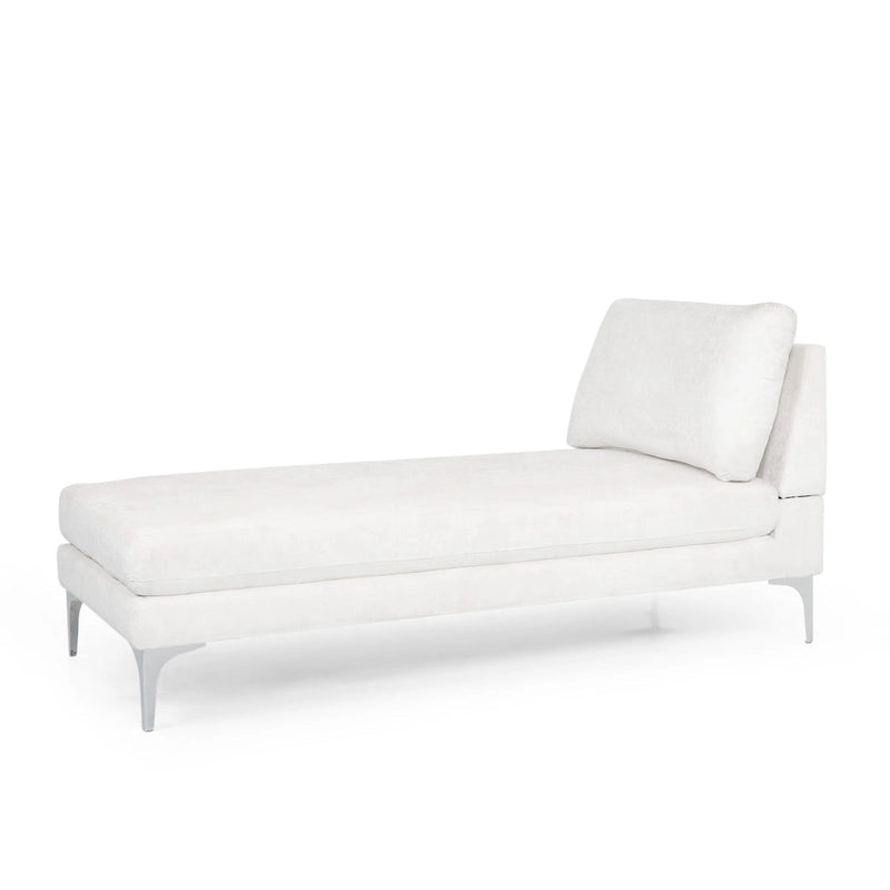 Contemporary Fabric Chaise Lounge, 66" Deep, Silver Bracket Legs & Plush Backrest Pillow