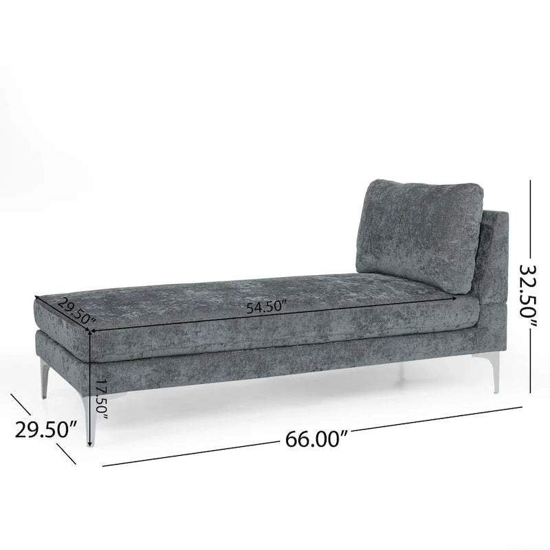 Contemporary Fabric Chaise Lounge, 66" Deep, Silver Bracket Legs & Plush Backrest Pillow