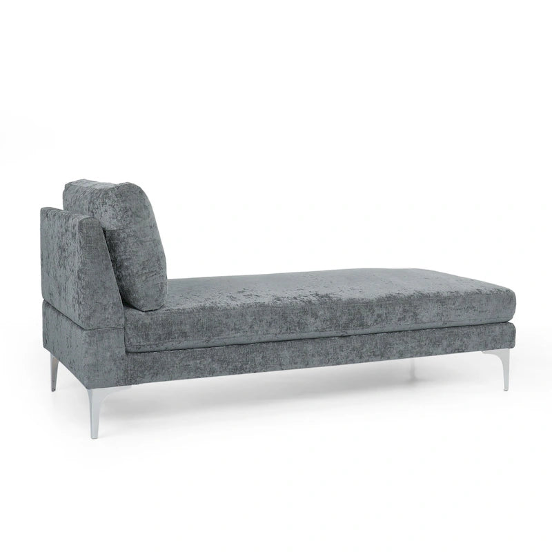 Contemporary Fabric Chaise Lounge, 66" Deep, Silver Bracket Legs & Plush Backrest Pillow