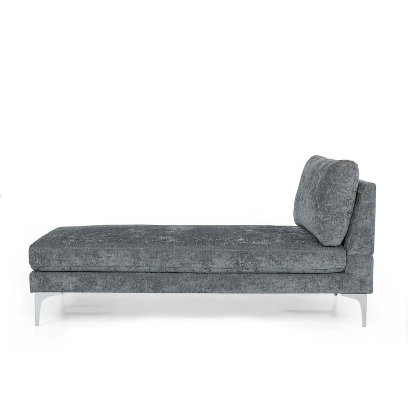 Contemporary Fabric Chaise Lounge, 66" Deep, Silver Bracket Legs & Plush Backrest Pillow