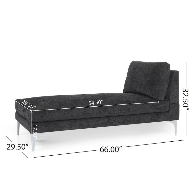 Contemporary Fabric Chaise Lounge, 66" Deep, Silver Bracket Legs & Plush Backrest Pillow