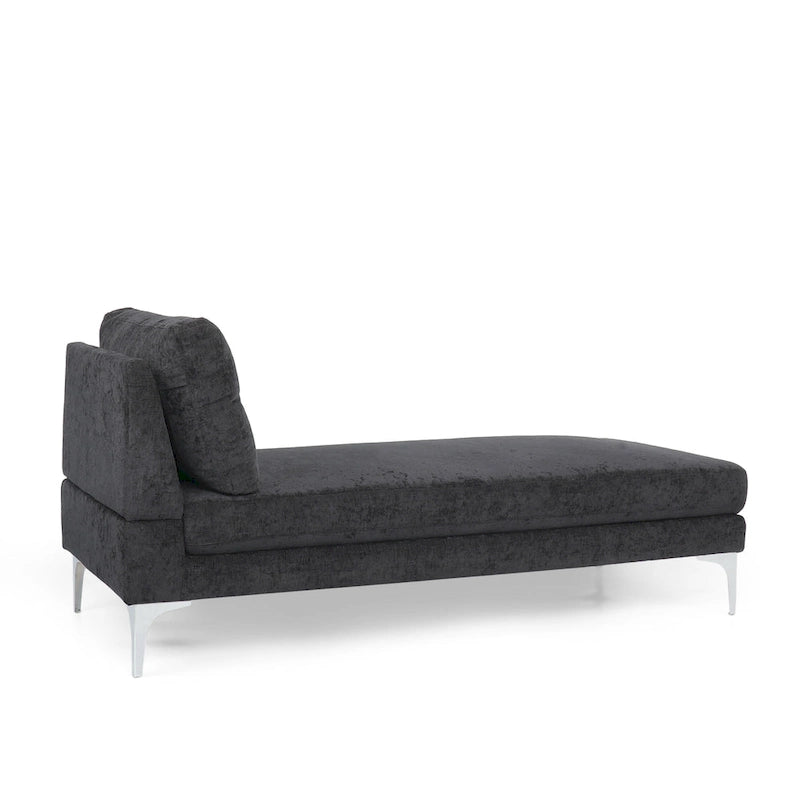 Contemporary Fabric Chaise Lounge, 66" Deep, Silver Bracket Legs & Plush Backrest Pillow