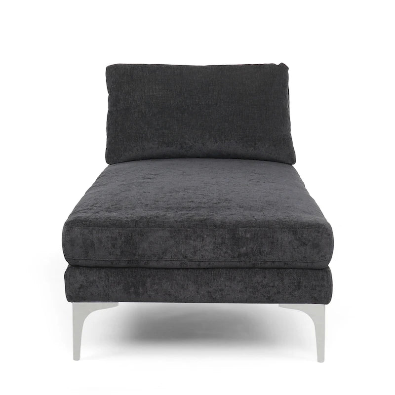 Contemporary Fabric Chaise Lounge, 66" Deep, Silver Bracket Legs & Plush Backrest Pillow