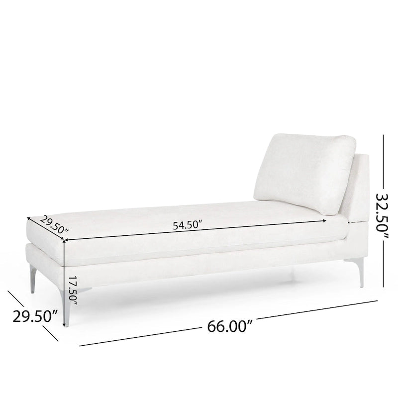 Contemporary Fabric Chaise Lounge, 66" Deep, Silver Bracket Legs & Plush Backrest Pillow