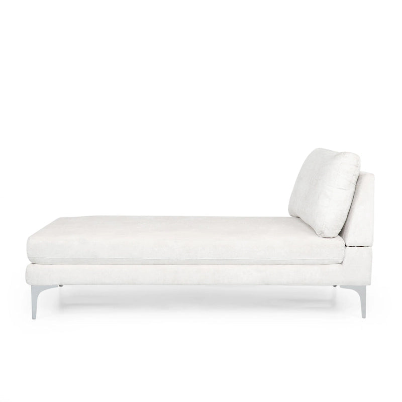 Contemporary Fabric Chaise Lounge, 66" Deep, Silver Bracket Legs & Plush Backrest Pillow