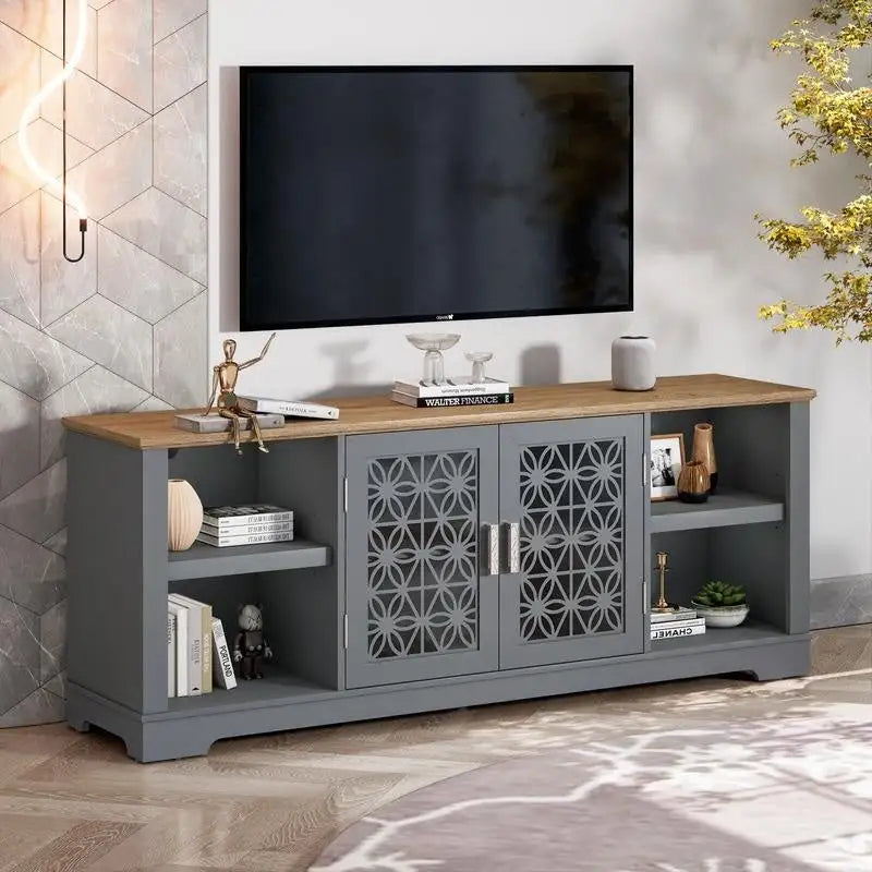 70" Ranch Rustic TV Stand for 82" TVs, Decorative Floral Doors & Cable Management Cutouts