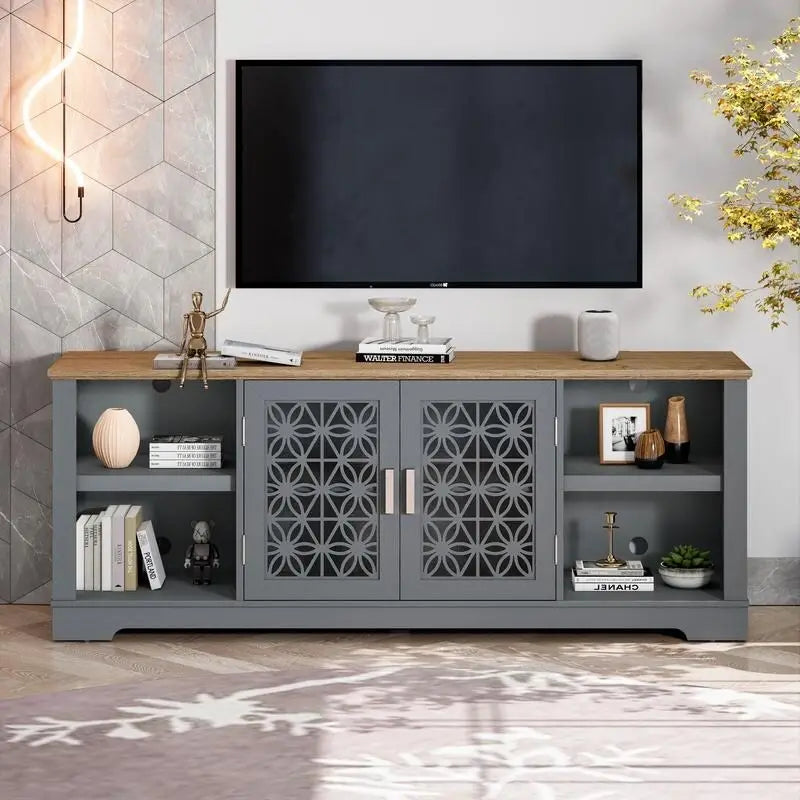 70" Ranch Rustic TV Stand for 82" TVs, Decorative Floral Doors & Cable Management Cutouts