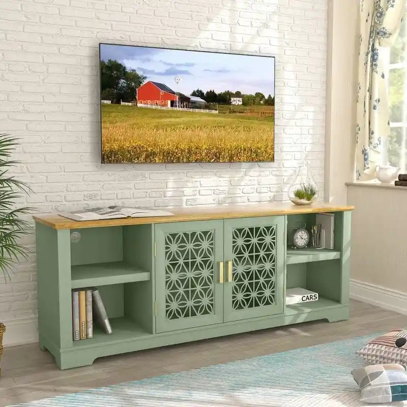 70" Ranch Rustic TV Stand for 82" TVs, Decorative Floral Doors & Cable Management Cutouts