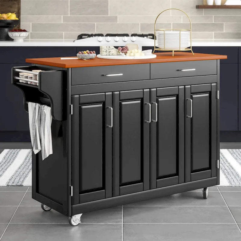  Puff Island Black Finish with Oak Top Kitchen Cart