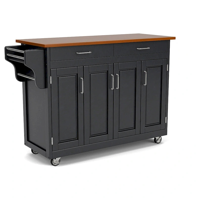Puff Island Black Finish with Oak Top Kitchen Cart