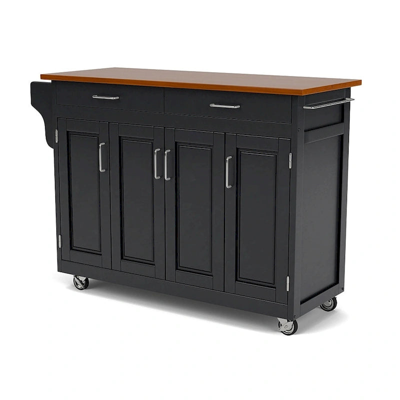Puff Island Black Finish with Oak Top Kitchen Cart