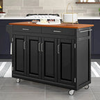 Puff Island Black Finish with Oak Top Kitchen Cart