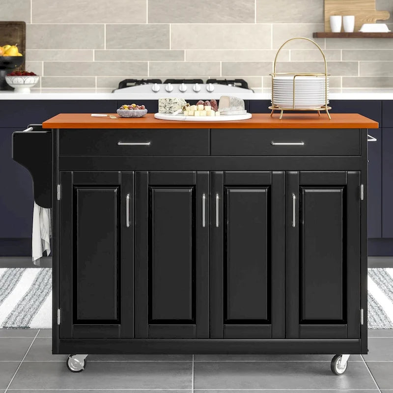 Puff Island Black Finish with Oak Top Kitchen Cart