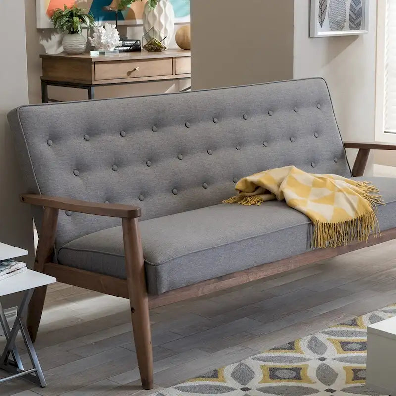  Sorrento Mid-century Retro Modern Grey Fabric Upholstered Wooden 3-seater Sofa