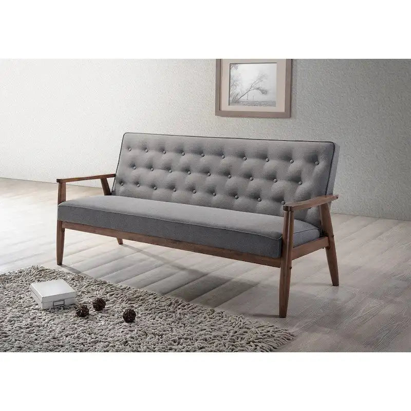 Sorrento Mid-century Retro Modern Grey Fabric Upholstered Wooden 3-seater Sofa