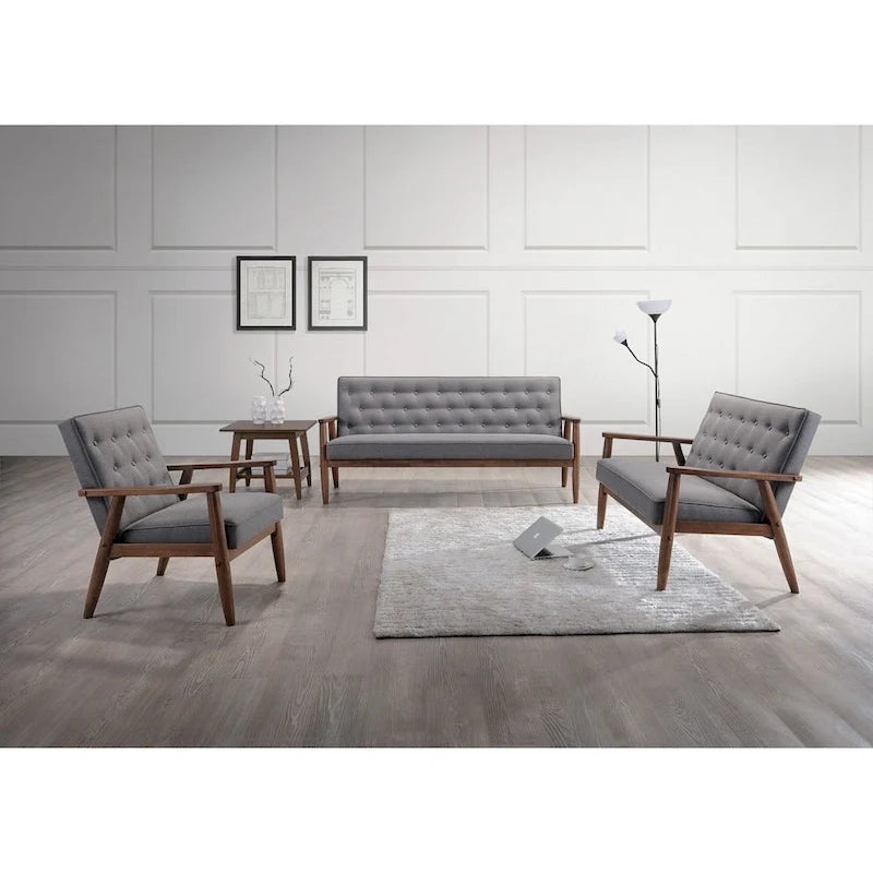 Sorrento Mid-century Retro Modern Grey Fabric Upholstered Wooden 3-seater Sofa
