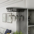 Transitional Bar Table with 6 Open Shelves, 7-Bottle Wine Rack & Stemware Racks, Vintage Grey