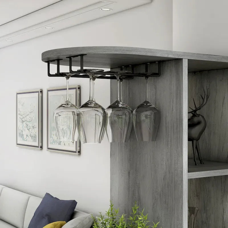 Transitional Bar Table with 6 Open Shelves, 7-Bottle Wine Rack & Stemware Racks, Vintage Grey
