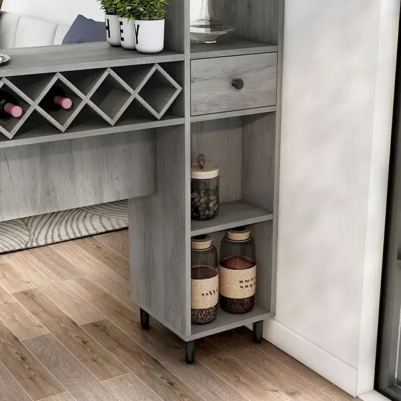 Transitional Bar Table with 6 Open Shelves, 7-Bottle Wine Rack & Stemware Racks, Vintage Grey