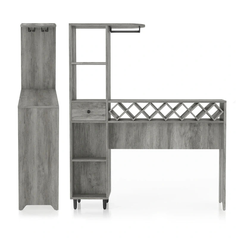 Transitional Bar Table with 6 Open Shelves, 7-Bottle Wine Rack & Stemware Racks, Vintage Grey