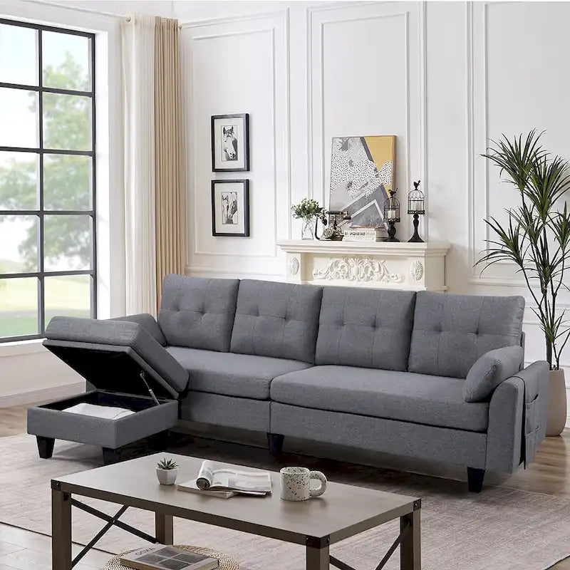 Modular Sectional Sofa Couch L Shaped With Storage Ottoman and Side Bags For Living Room