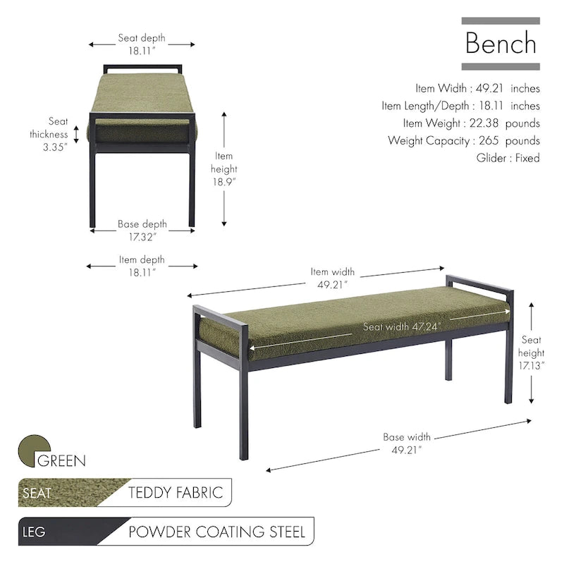 Rue Teddy Fabric Upholstered Bench with Steel Legs