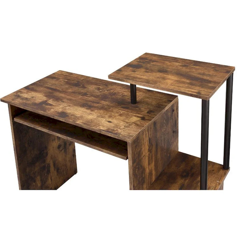 Rustic Wood Computer Desk with Keyboard Tray, 2 Open Storage Compartments & Desktop Shelf