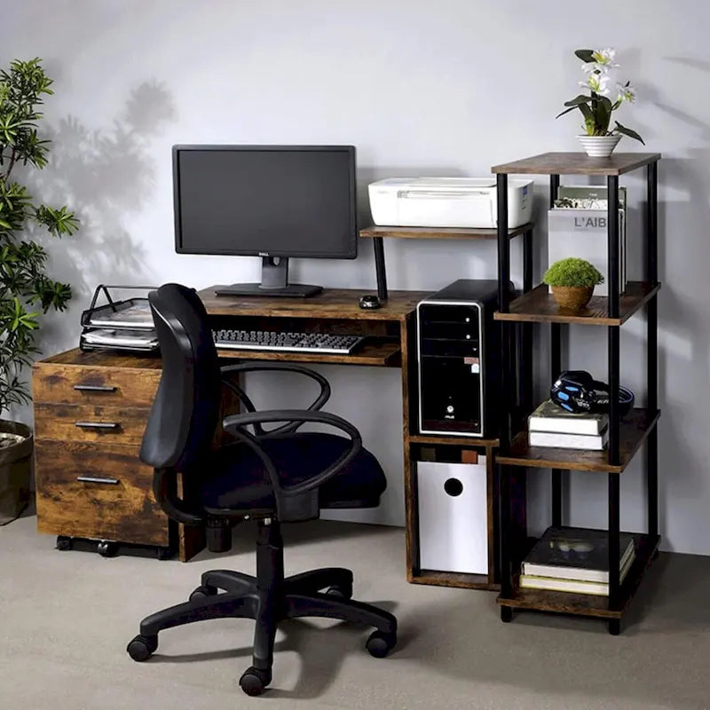Rustic Wood Computer Desk with Keyboard Tray, 2 Open Storage Compartments & Desktop Shelf