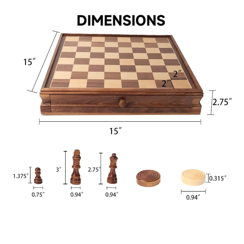 15" Large Sapele Wood 2-in-1 Chess & Checkers Board Game Set with Storage Drawer