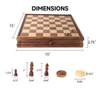 15" Large Sapele Wood 2-in-1 Chess & Checkers Board Game Set with Storage Drawer