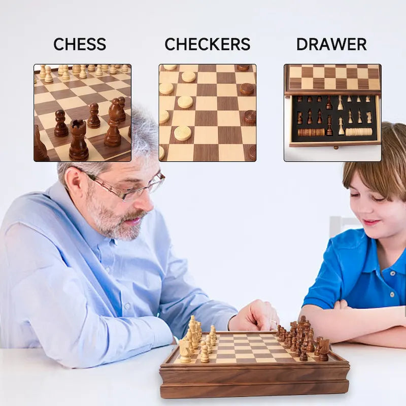 15" Large Sapele Wood 2-in-1 Chess & Checkers Board Game Set with Storage Drawer
