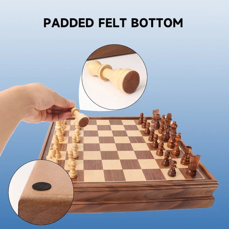15" Large Sapele Wood 2-in-1 Chess & Checkers Board Game Set with Storage Drawer