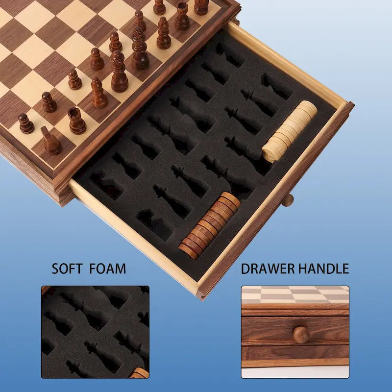 15" Large Sapele Wood 2-in-1 Chess & Checkers Board Game Set with Storage Drawer
