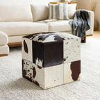 18" Leather & Cowhide Cube Pouf Ottoman with Padded Top, Multiple Patterns