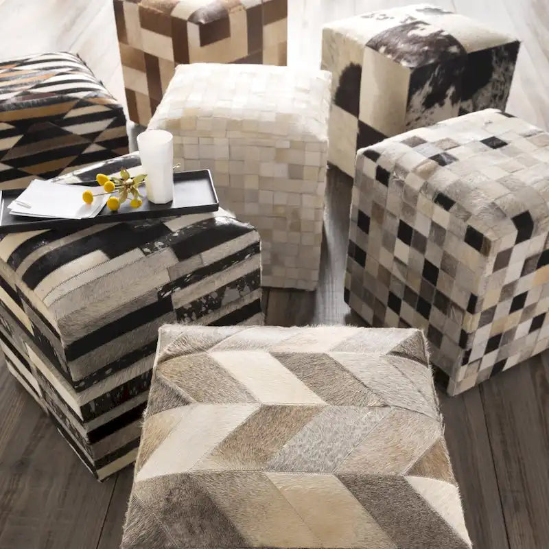 18" Leather & Cowhide Cube Pouf Ottoman with Padded Top, Multiple Patterns