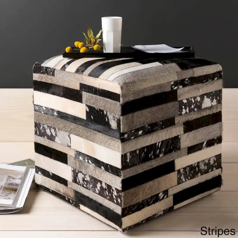 18" Leather & Cowhide Cube Pouf Ottoman with Padded Top, Multiple Patterns
