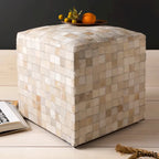 18" Leather & Cowhide Cube Pouf Ottoman with Padded Top, Multiple Patterns