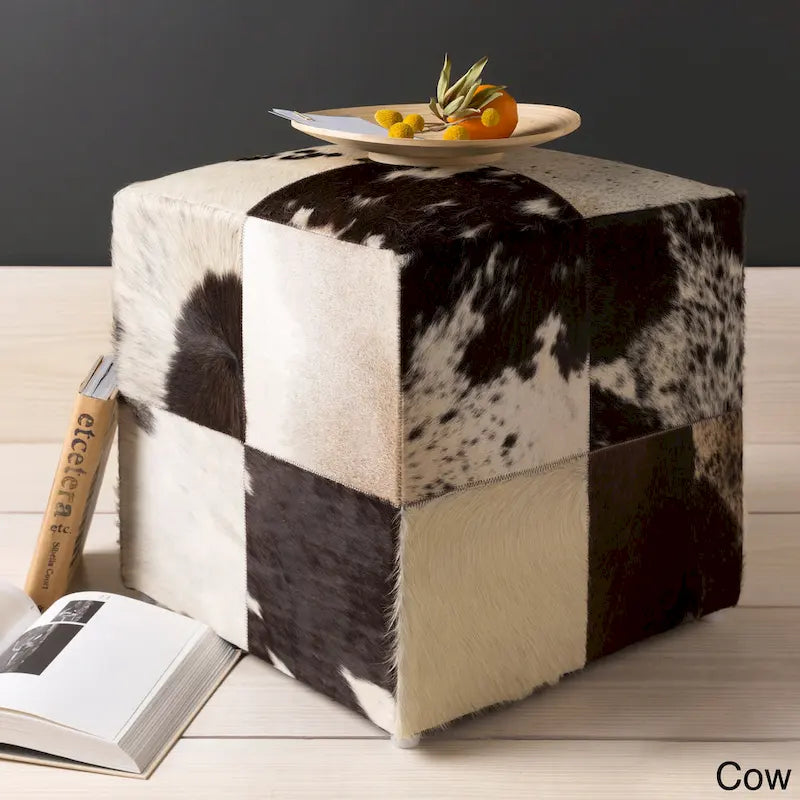 18" Leather & Cowhide Cube Pouf Ottoman with Padded Top, Multiple Patterns